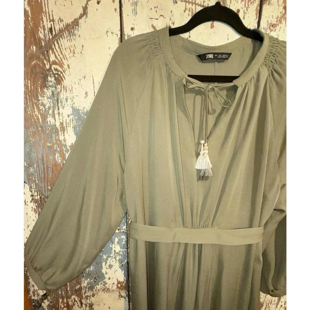 ZARA Olive Green Long Belted Dress, size Large - Image 3