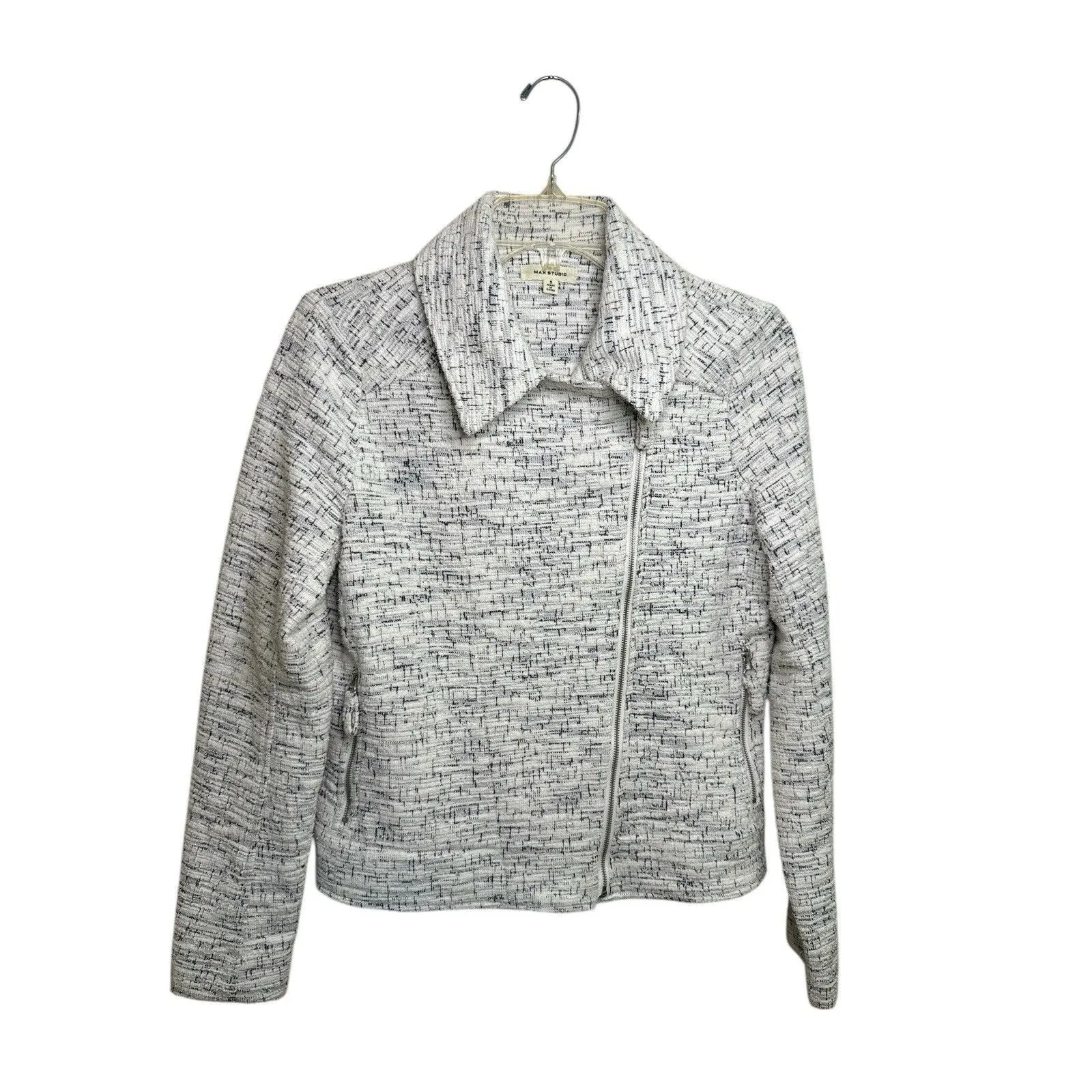 Max Studio Textured Knit Moto Jacket Zipper Black White Spread Collar Small Chic - Image 2