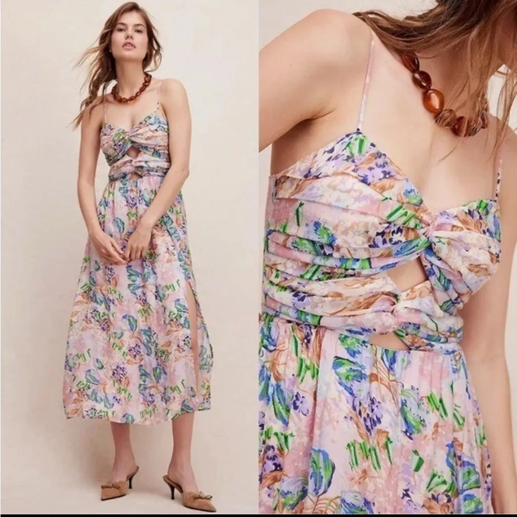 NEW ASTR Emine Pastel Pink Blue Floral Cutout Midi Dress Slit XL Revolve‎ - Image 5