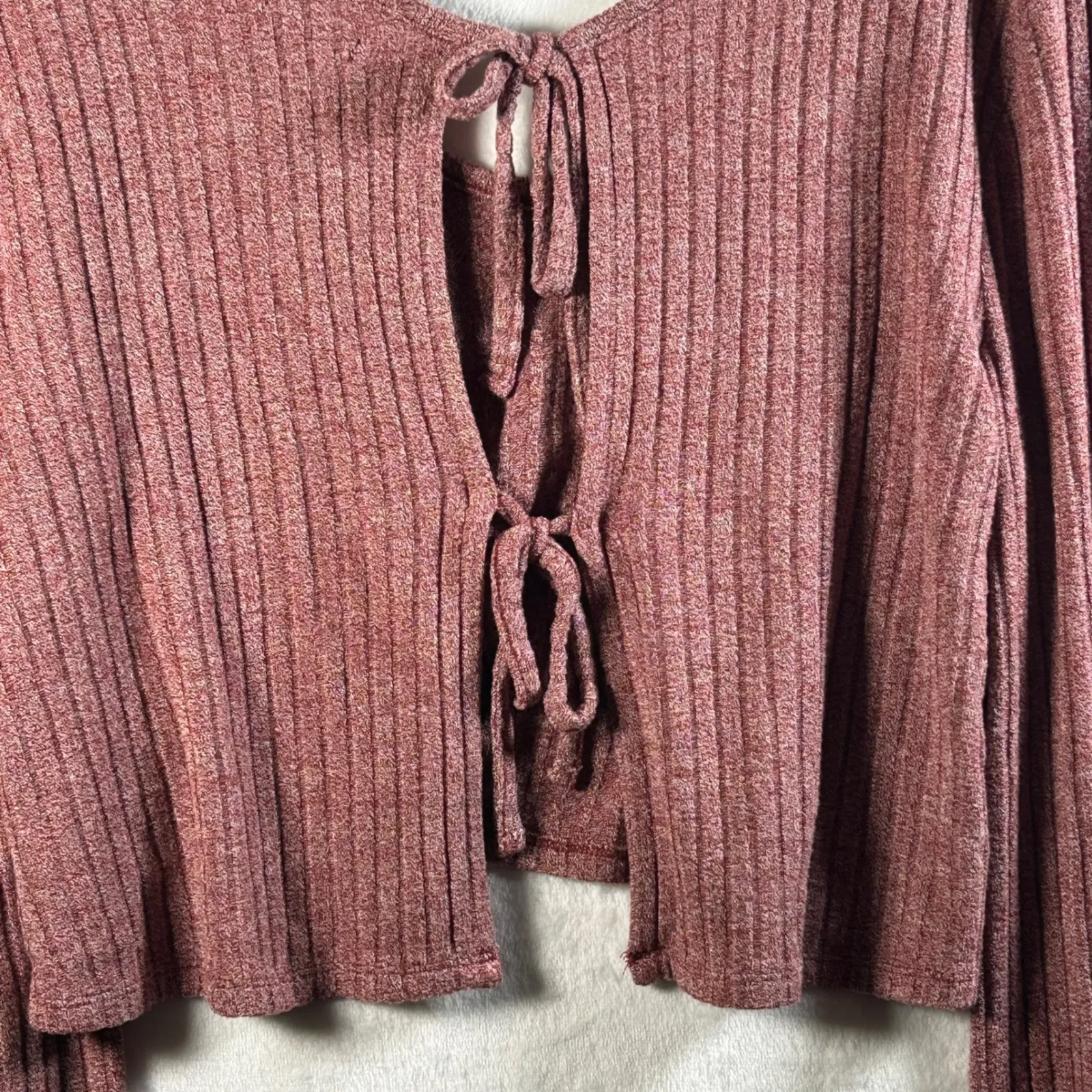 Kimchi Blue Ribbed Knit Cropped Tie Back Long Sleeve Top Dusty Rose Size M - Image 7