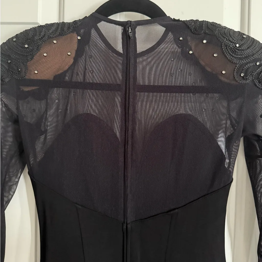 Vintage Tadashi Black Sheer Mesh Sleeves Beaded Shoulder Bodycon Dress Size XS–S - Image 6