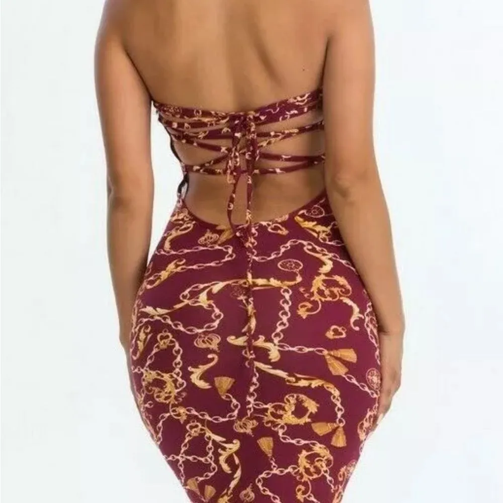 NWT capella New Burgundy Chain Print Criss Cross Back Dress L Gold Size L - Image 5