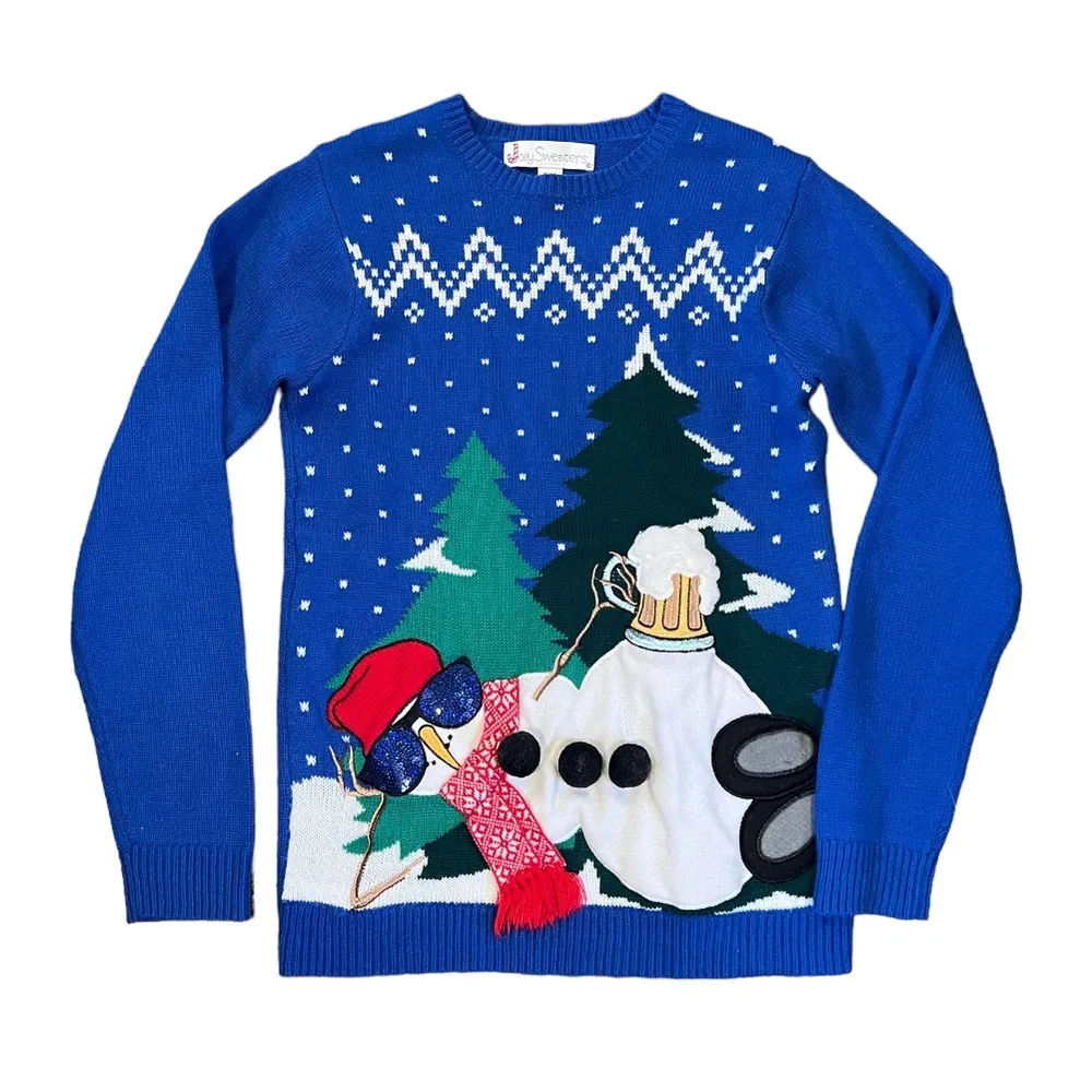 Jolly Sweaters Women’s Small Blue‎ Knot Snowman With Beer Christmas Holiday Blue - Image 2