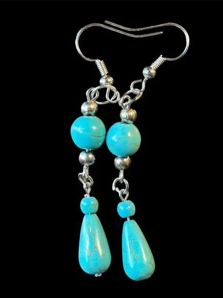 Boho Southwestern Oval Turquoise Beads Silver Tone Dangle Pierced Earrings New - Image 2