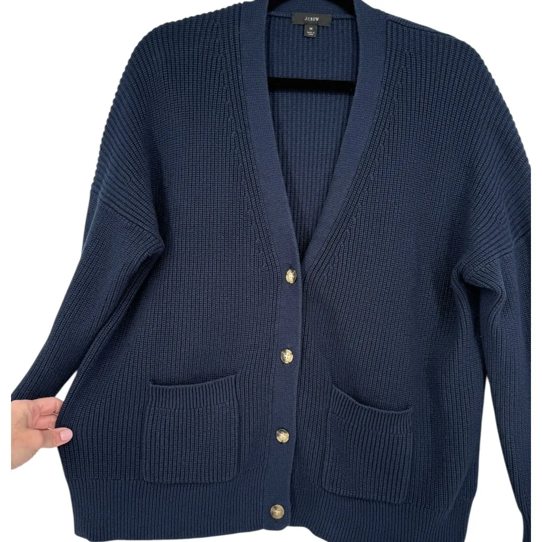J Crew Cotton Cashmere Blend V Neck Button Front Cardigan Sweater Navy Sz Medium Blue - Image 9