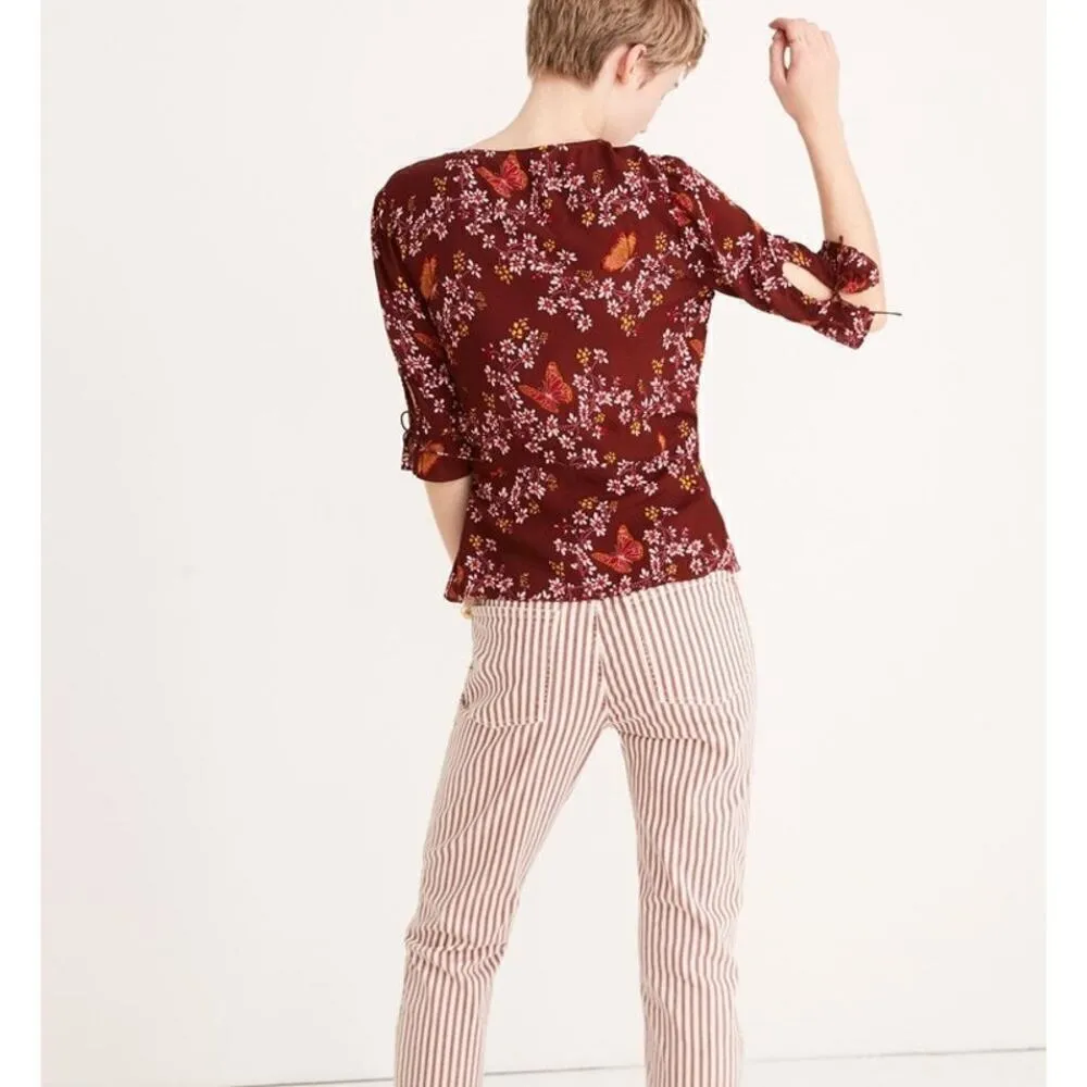 Madewell Tie-Sleeve Wrap‎ Top in Maroon Floral Butterfly Sanctuary Print, Size 2 - Image 14