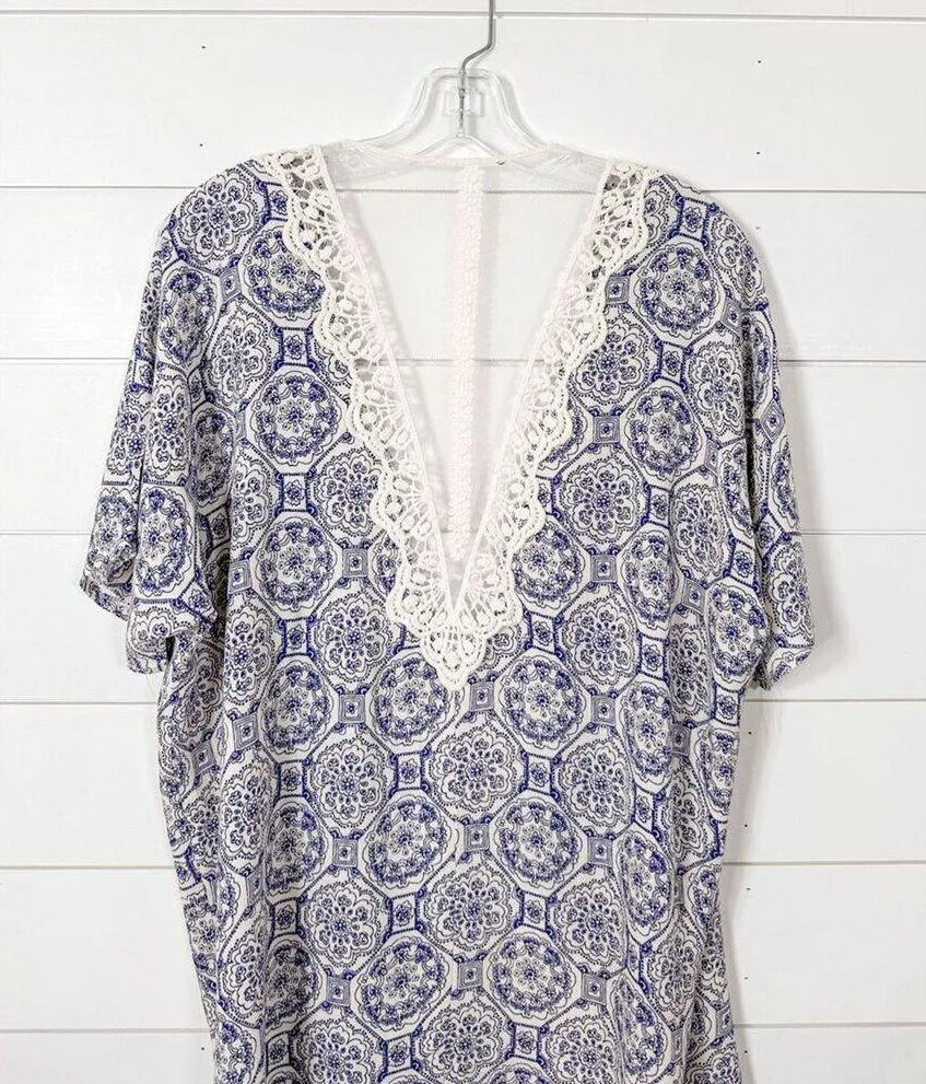 Stitch Fix Women's Geometric Print Open Front Cape Lace Back Kimono Blue White X - Image 8