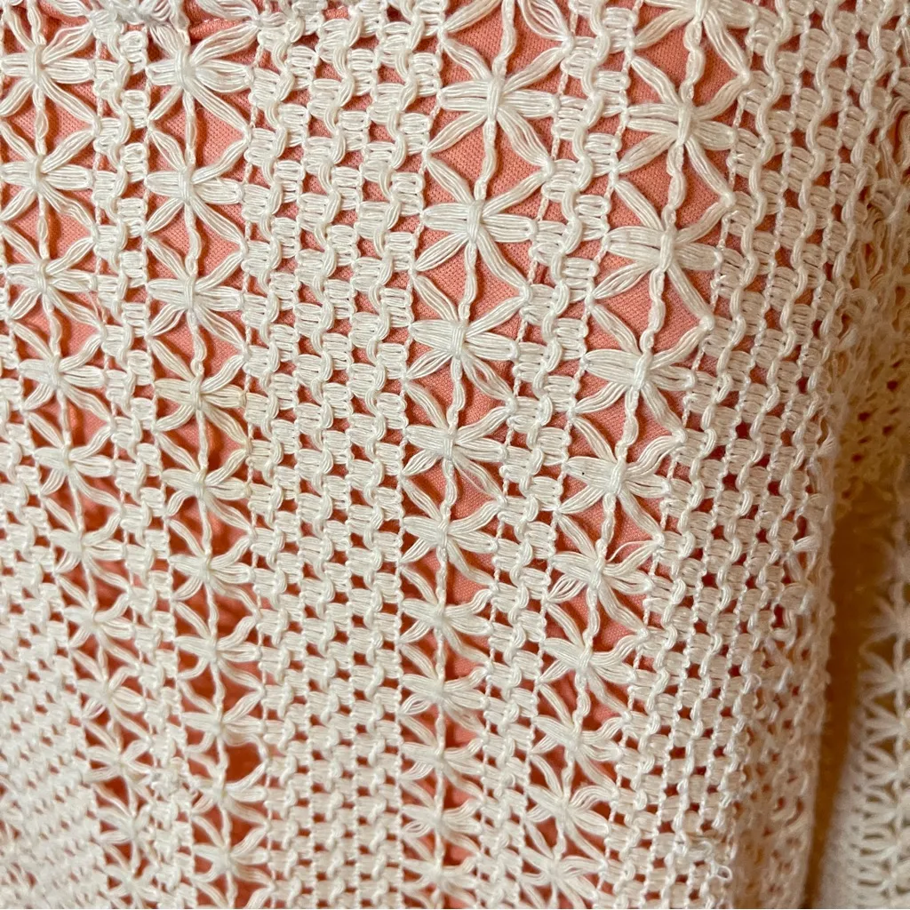 UMGEE Crochet Shift Dress 3/4 Sleeve Cream with Peach Show-Thru Lining, XL - Image 4