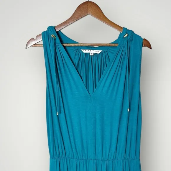 Trina Turk Mighty Hooded Jumpsuit Small Turquoise Wide Leg‎ Sleeveless V-Neck - Image 5