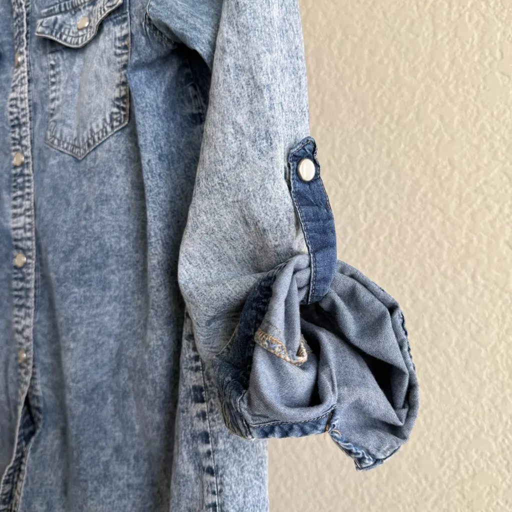 Passport Acid Wash Denim Button Front Western Shirt Long Sleeve Size Large Blue - Image 4