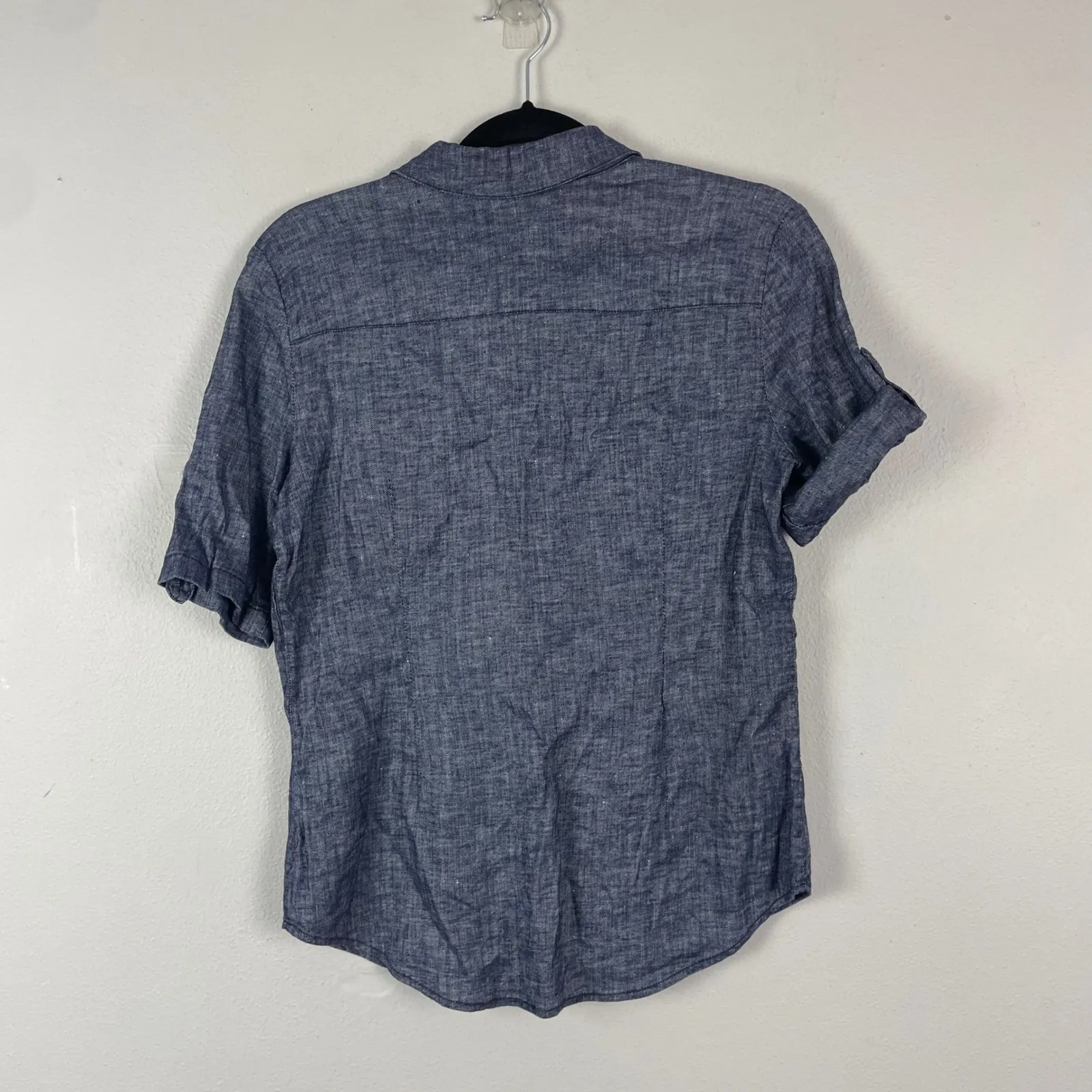 Theory Linen Blend Pauleen Tierra Wash Button Up Shirt Blue L Roll Tab Sleeves - Image 8