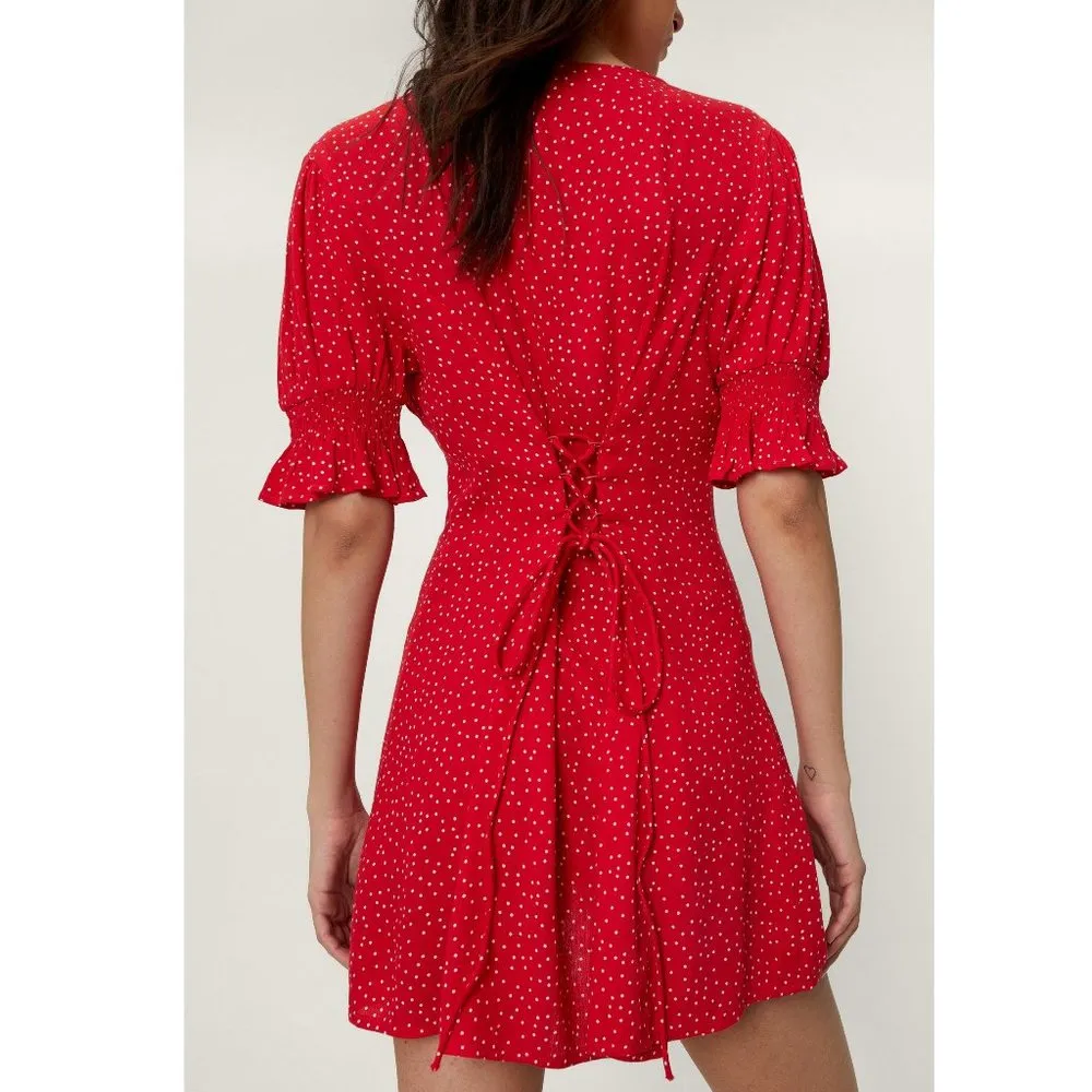NASTY Gal Red and White Polka Dot Print Button Front Puff Sleeve Mini Dress - Image 3
