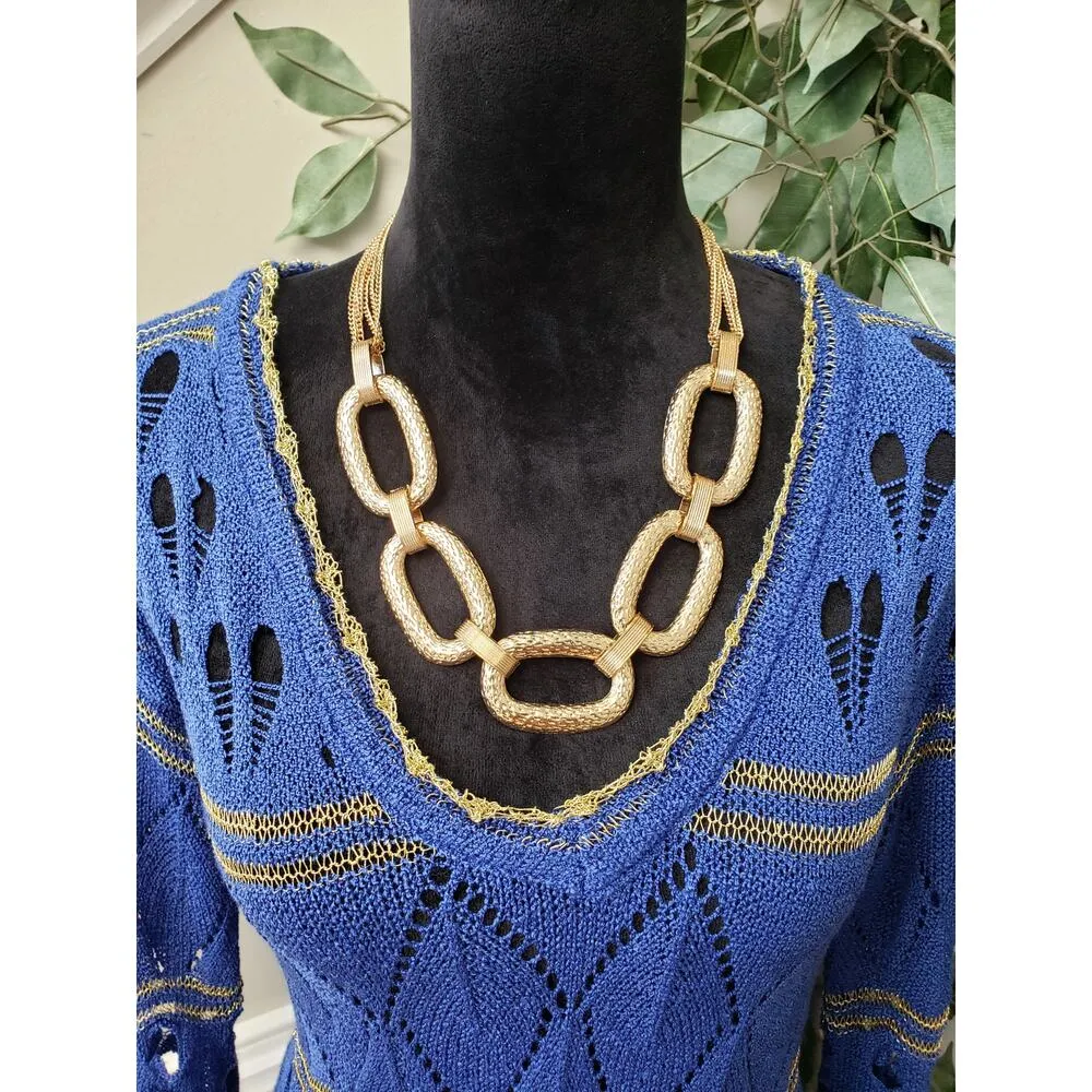 Step in Style Tunic Top Womens Large Blue Crochet Long Sleeve Fringe Hem V Neck - Image 5