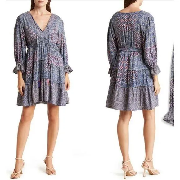 Angie Women's V-Neck Quarter Sleeves Tiered Mini Skirt Dress Size S - Image 2