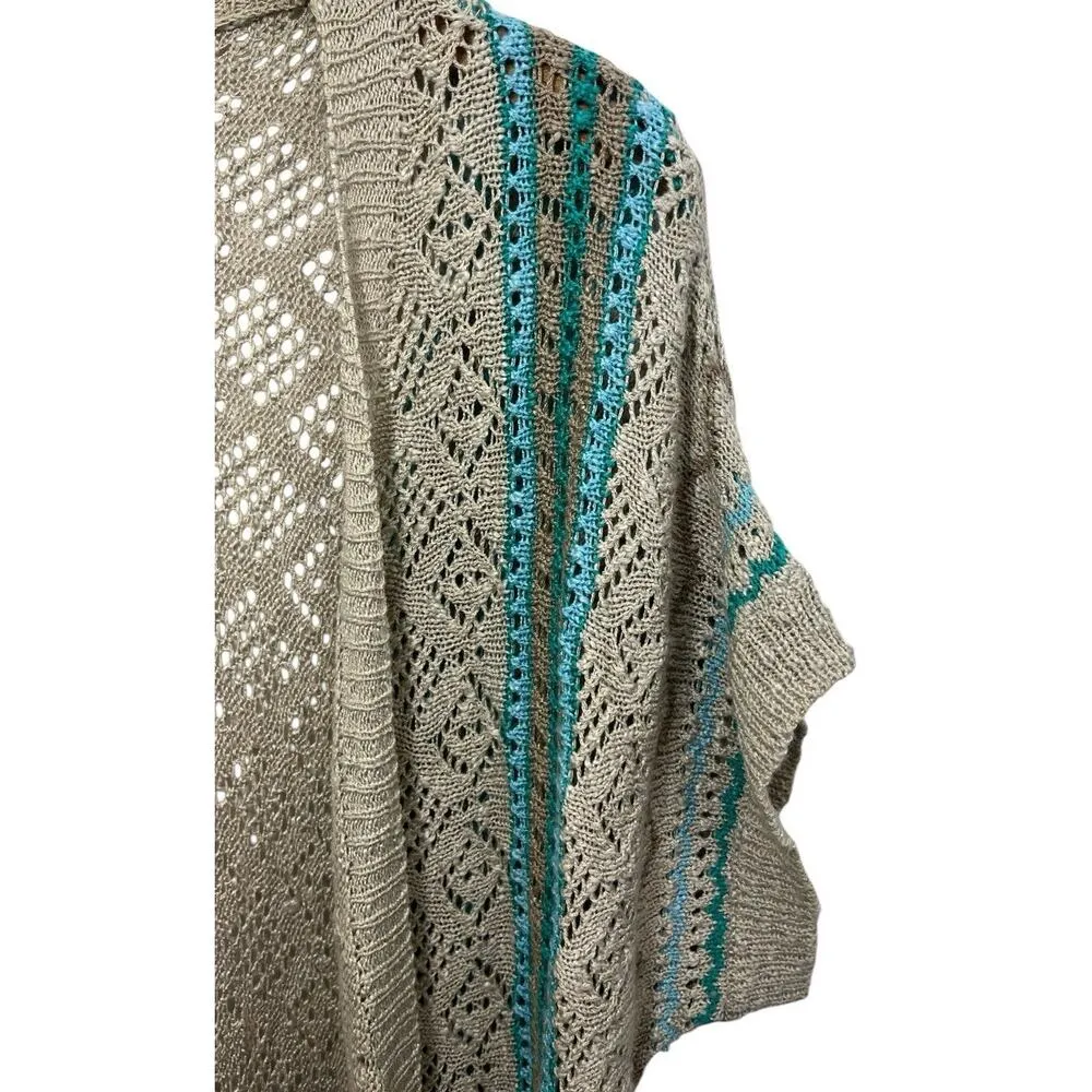 Crochet Duster Cardigan Festival Large Beige Hippie Short Sleeve Boho Lagenlook Tan - Image 3