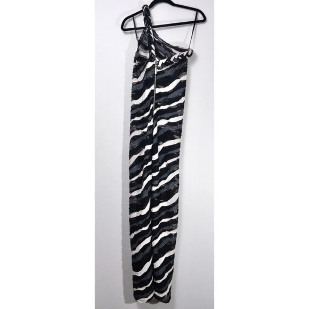 Bronx and Banco x REVOLVE Itza One Shoulder Dress S Black Striped Sheer Braided - Image 8