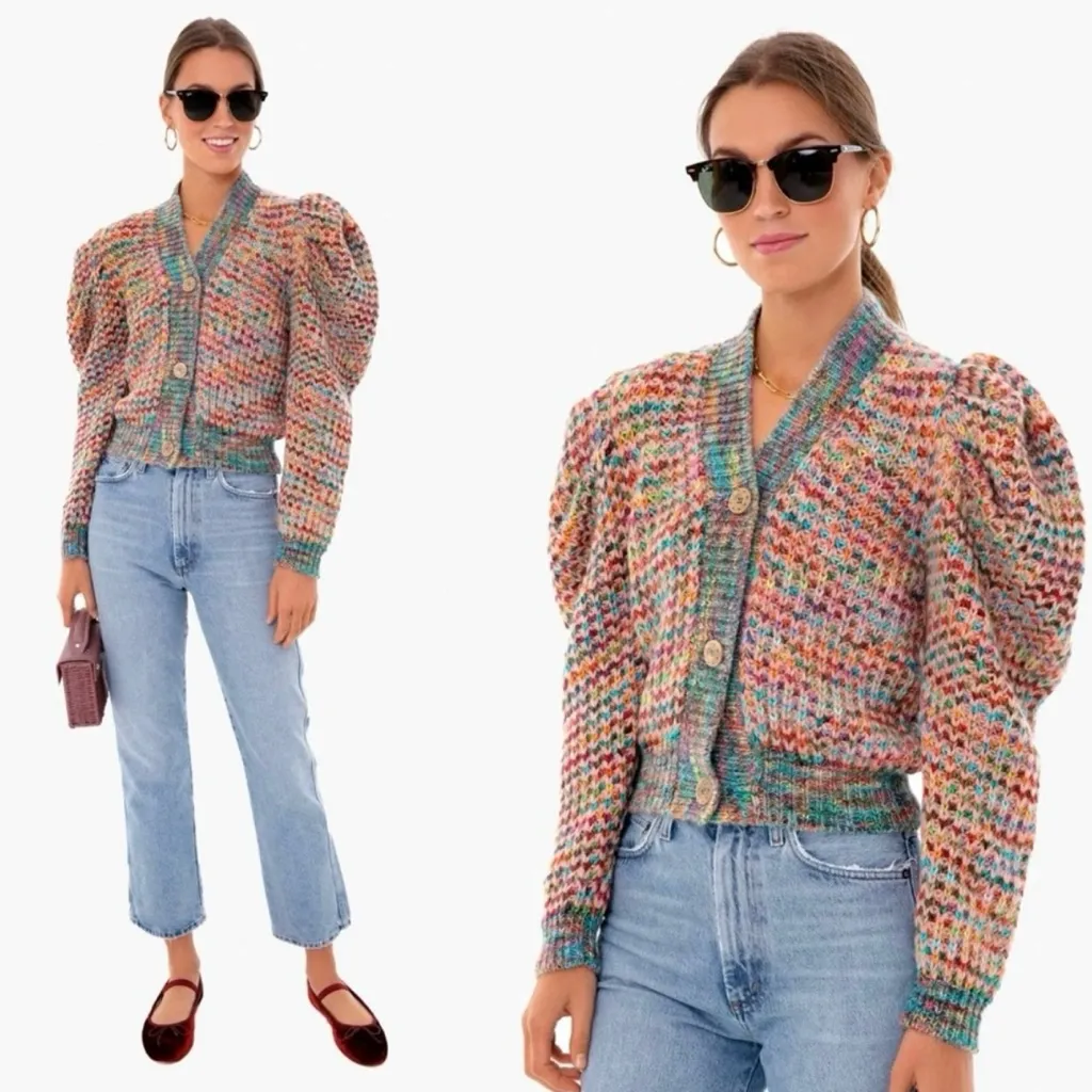 NWT Ulla Johnson Fiora Wool Puff Sleeve Kid Mohair Rainbow Cardigan Size Small - Image 3