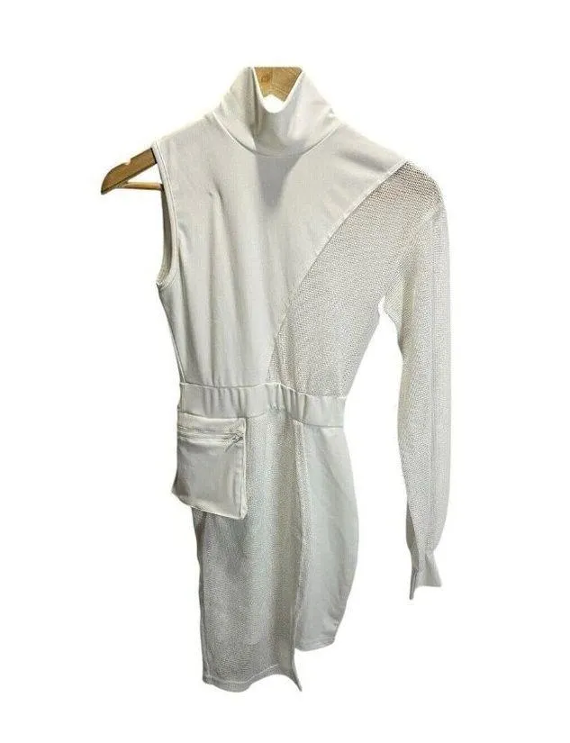 Shein Ivory Cream Mini Cocktail Dress Mesh S One Sleeve Mock Neck Stretch - Image 2