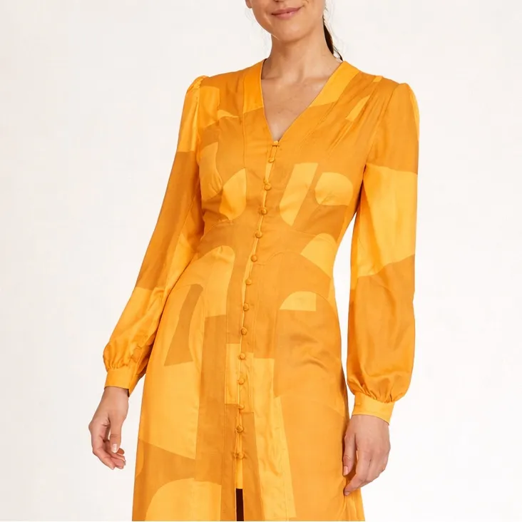 House of Sunny Cinema Dress Orange Yellow Geometric Button Front Midi Size 6 US - Image 7