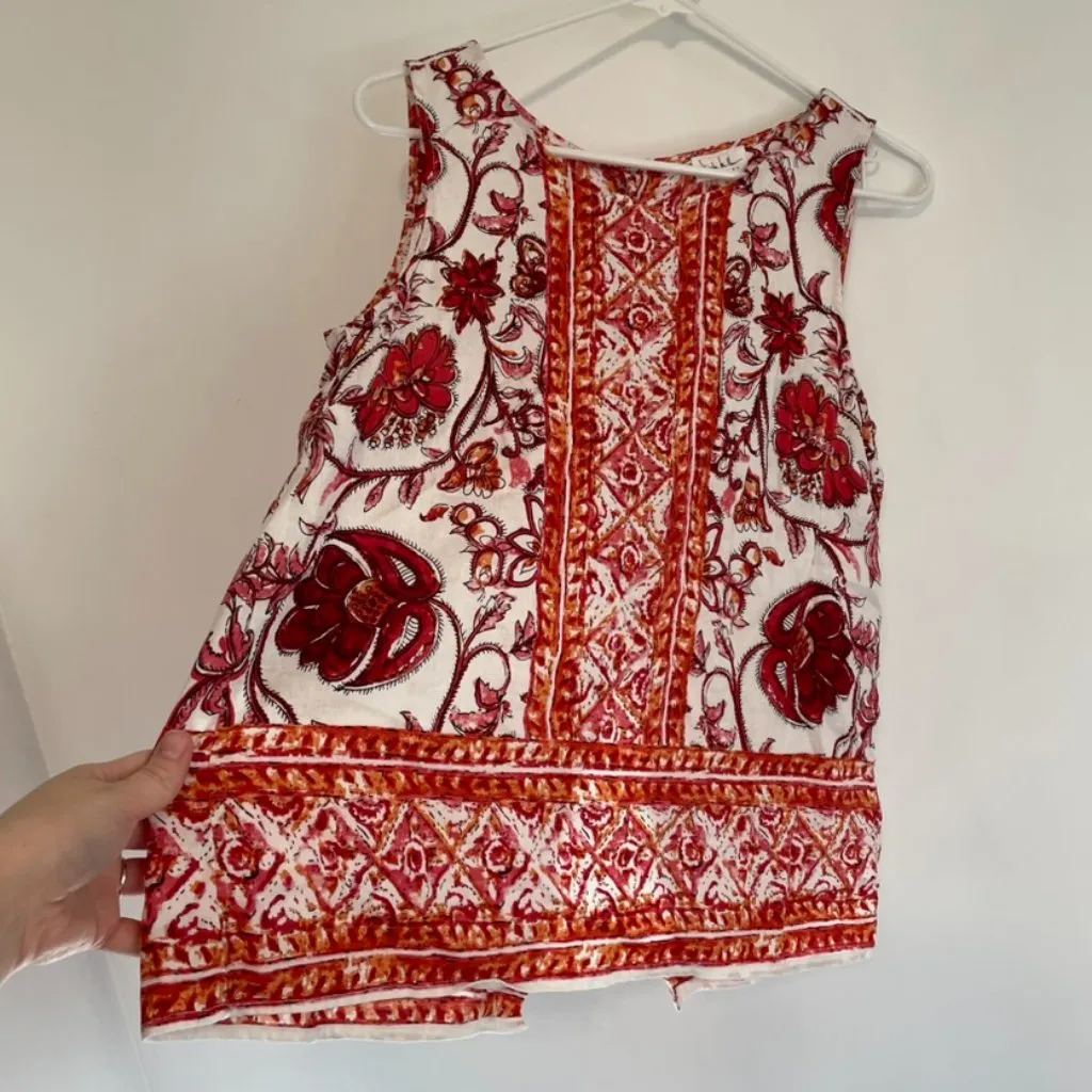 NICOLE MILLER White Red Orange Floral Border Print Button Back Linen Tank Blouse - Image 9