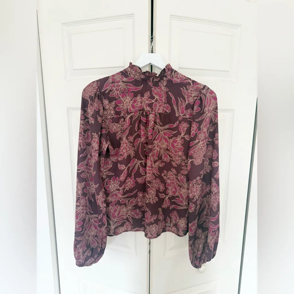 Evereve Mindie Tie Neck Blouse Purple Plum Floral Top Size Small - Image 9