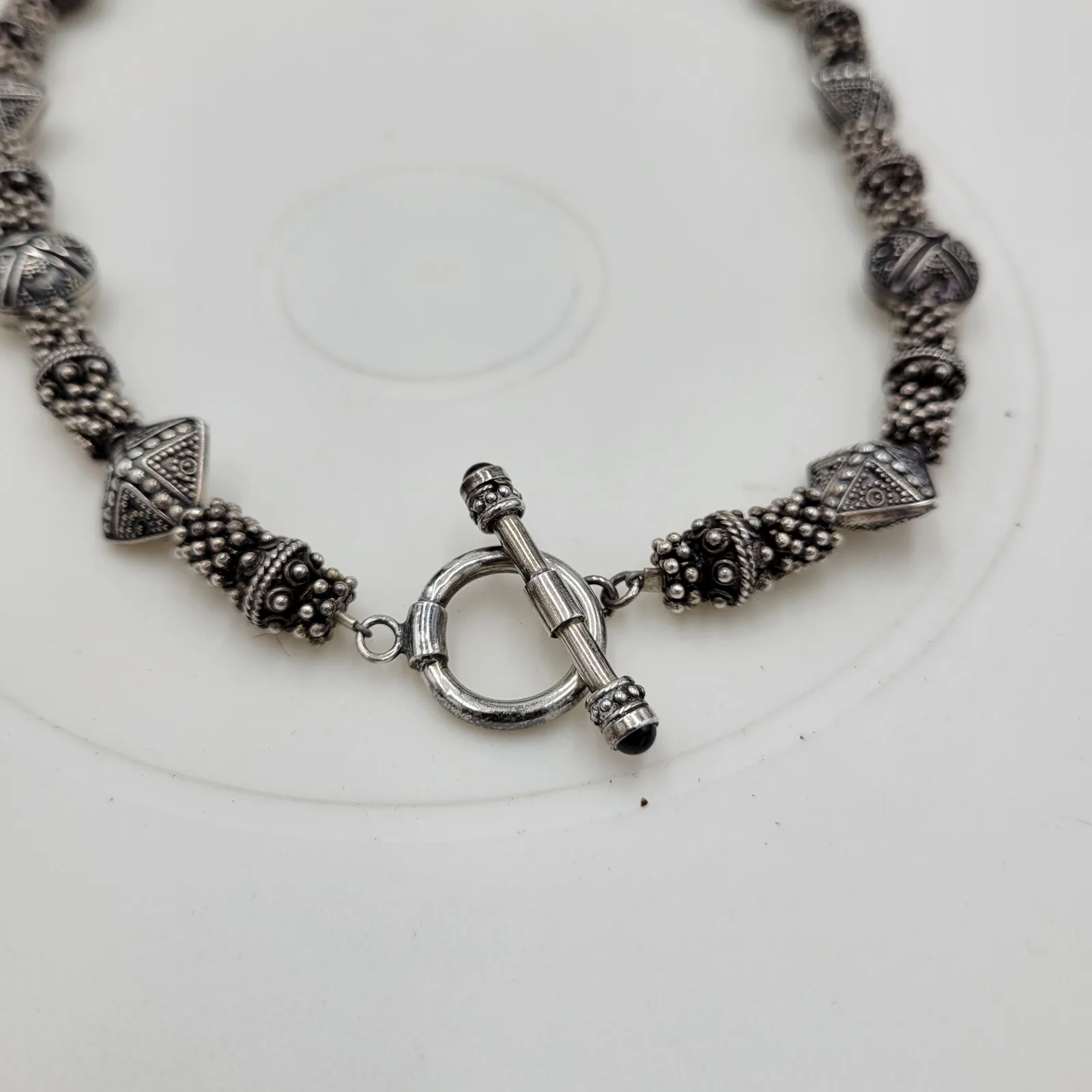 Vintage 925 Granulated Silver Bead Necklace 17" Heavy Gem Stone Toggle‎ Handmade - Image 10