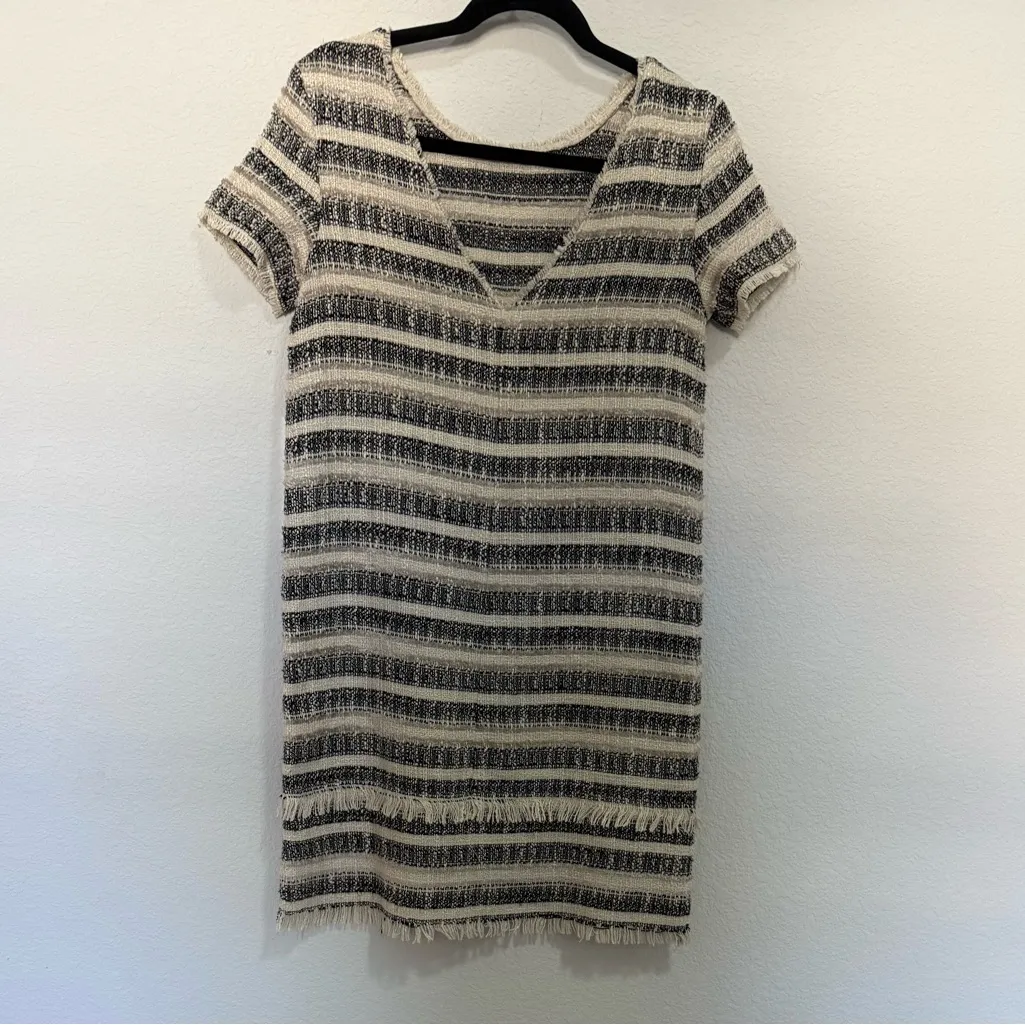 ZARA Low Back Cream Black Striped Tweed Shift Tunic
Mini Dress Fringe Detail XS - Image 7