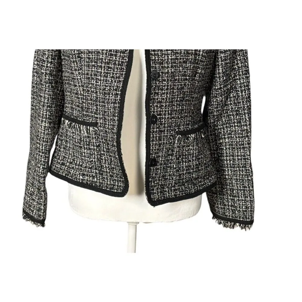 Vintage Harold’s Tweed Blazer Wool Blend Size 10 Black Fringe Pockets Preppy - Image 4