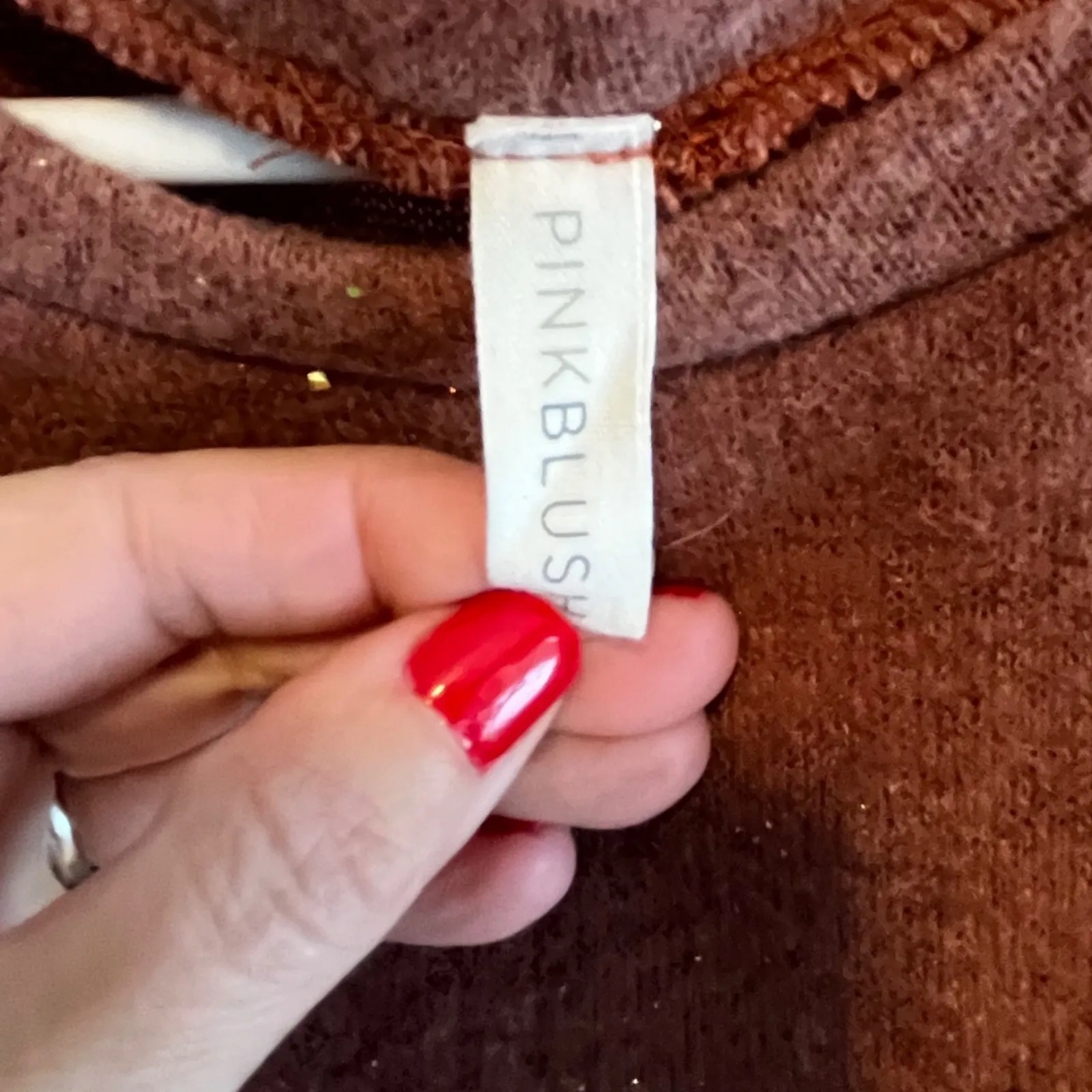 Pink Blush Rust Glitter Long Sleeve Soft Empire Waist Mini Dress Women Large Brown - Image 7