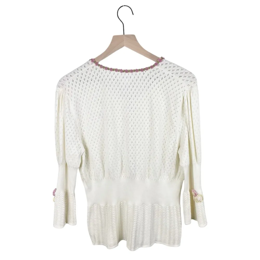 NorthStyle Womens Flower Embellished Cardigan Pointelle Knit Size XL Cottagecore Pink - Image 2