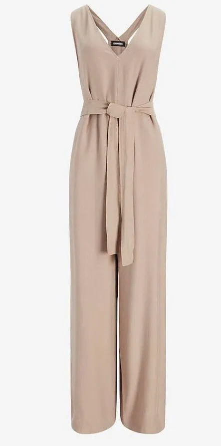 Tan Wide Leg Tie Waist Overalls Jumpsuit - Image 4