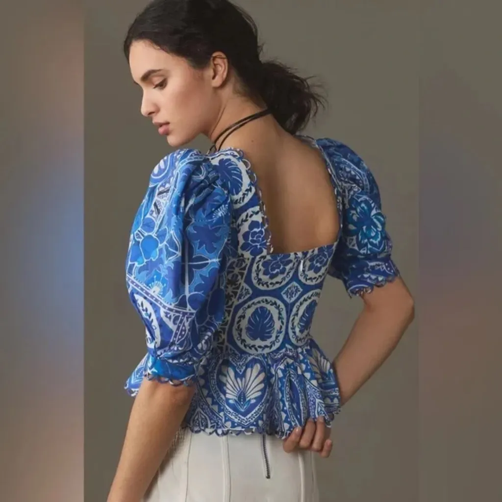 FARM Rio Tile Dream Cotton Puff Sleeve Peplum Top Blouse Blue White Large NWT - Image 3