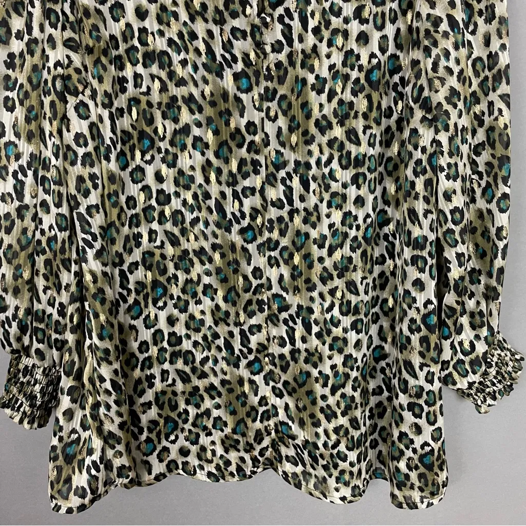 Ava James Blouse Leopard Print Metallic Animal‎ V-Neck Size 14/16 Shirred Cuffs - Image 5