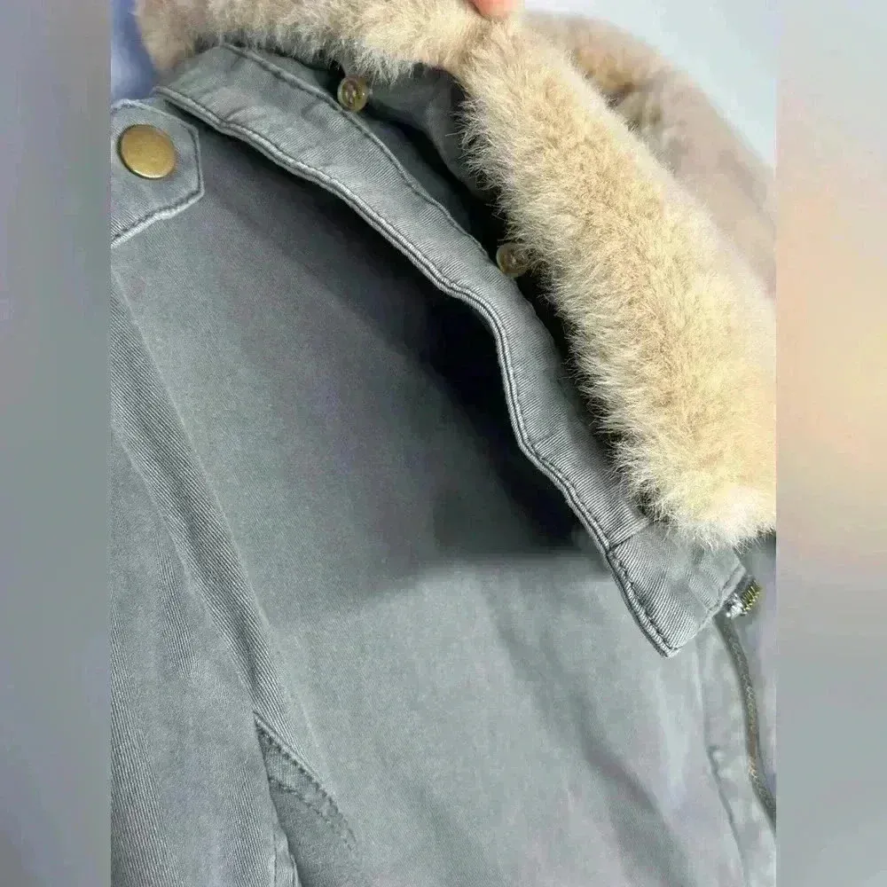 Anthropologie Marrakech Faux Fur Aviator Moto Jacket | Olive Grey | Size M - Image 5