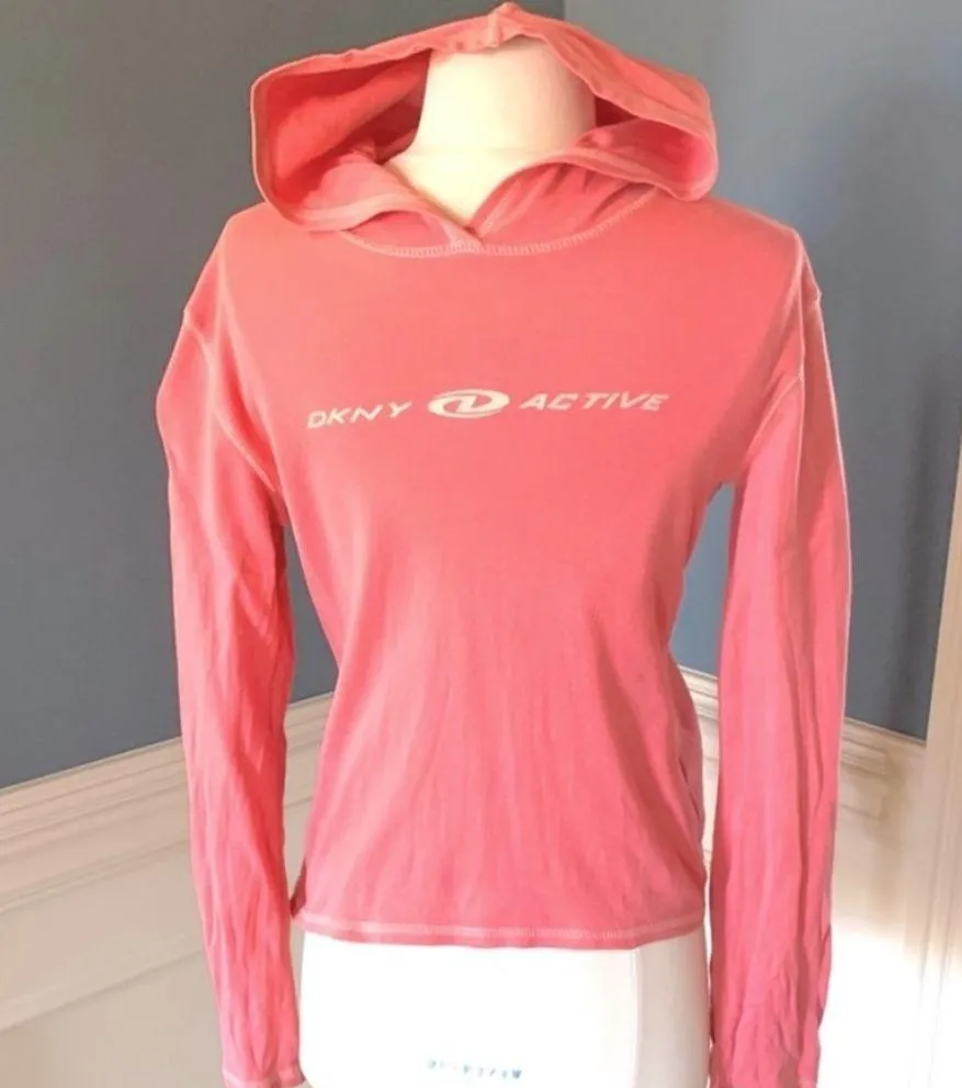 DKNY Active Hoodie Lightweight Shirt Long Sleeve Top Pink Cotton Womens Medium - Image 7