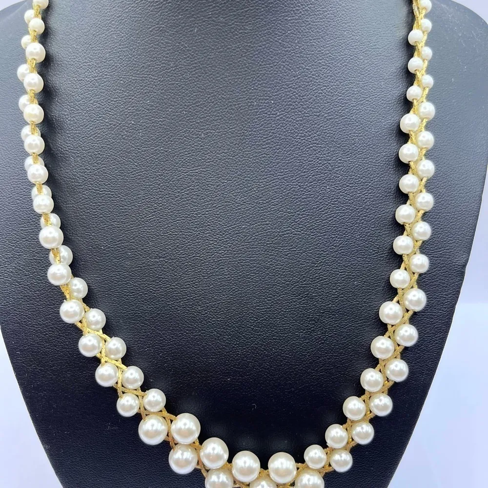 Pearl and Gold Tone Choker 19” length. Double pearl and Triple gold tone chain. White - Image 7