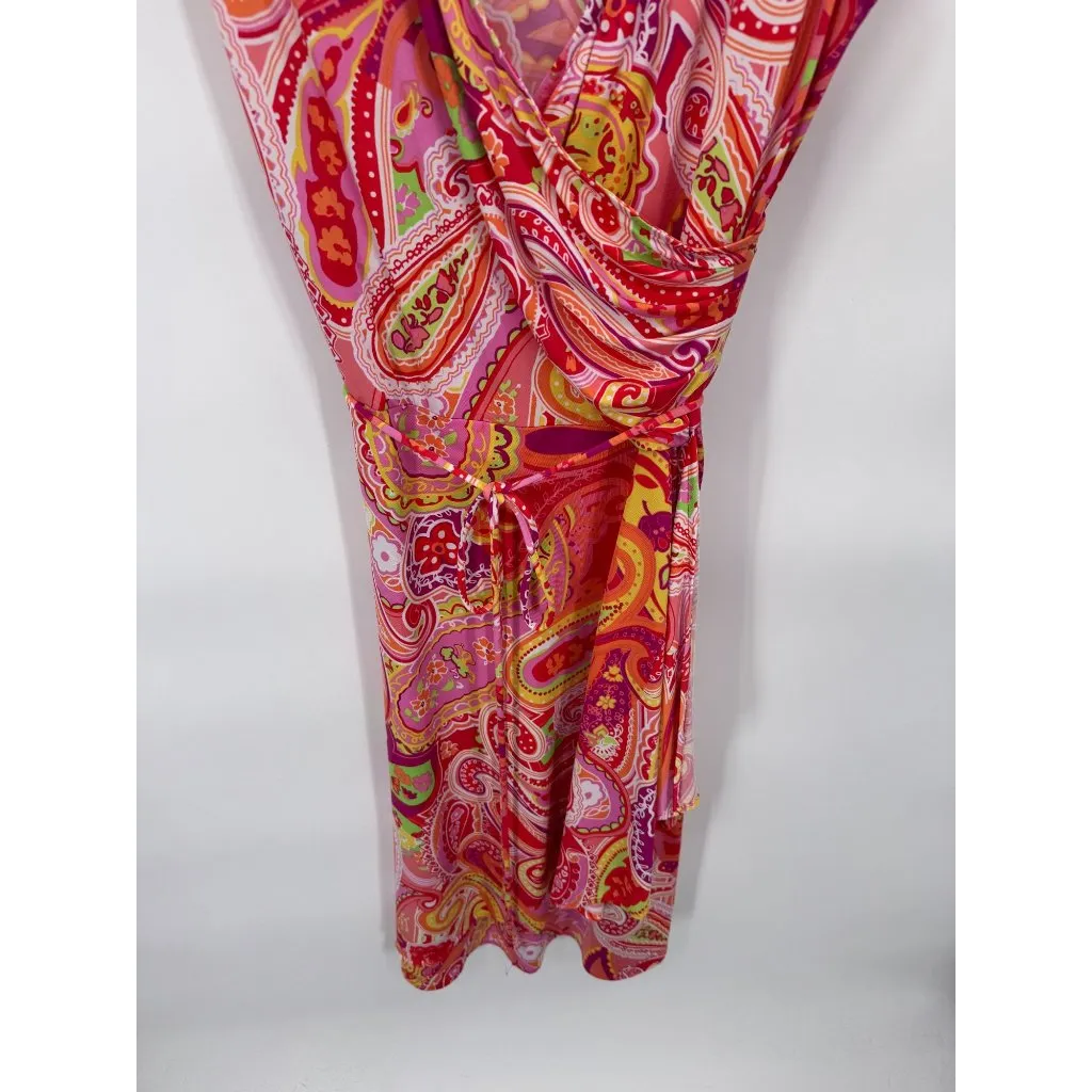 Chaps Faux Wrap Dress Womens XL‎ Red Vibrant Paisley Print Polyester Belt - Image 3