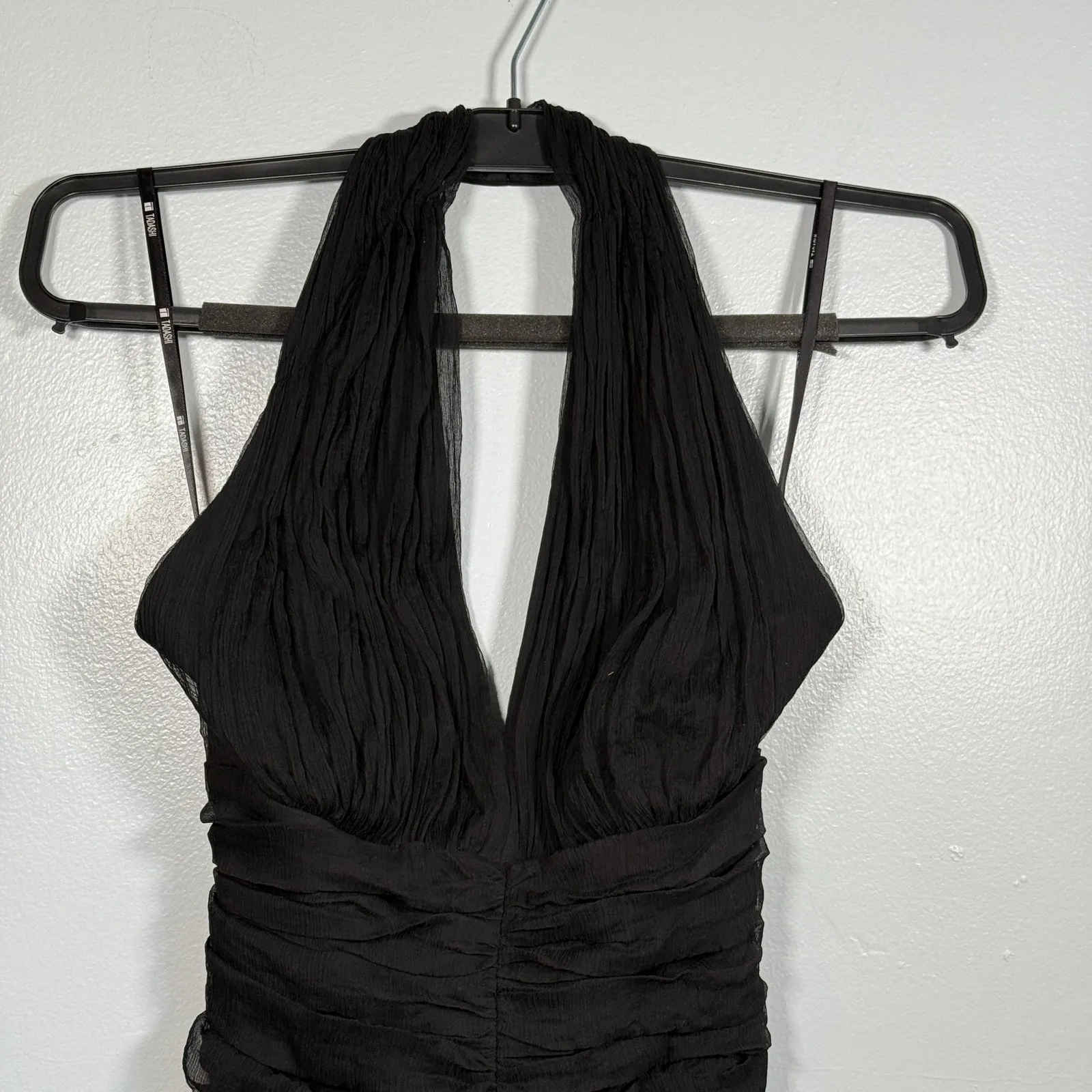 Vintage 90s Tadashi Silk Ruched Halter Dress Black Bodycon Midi Cocktail Formal - Image 4