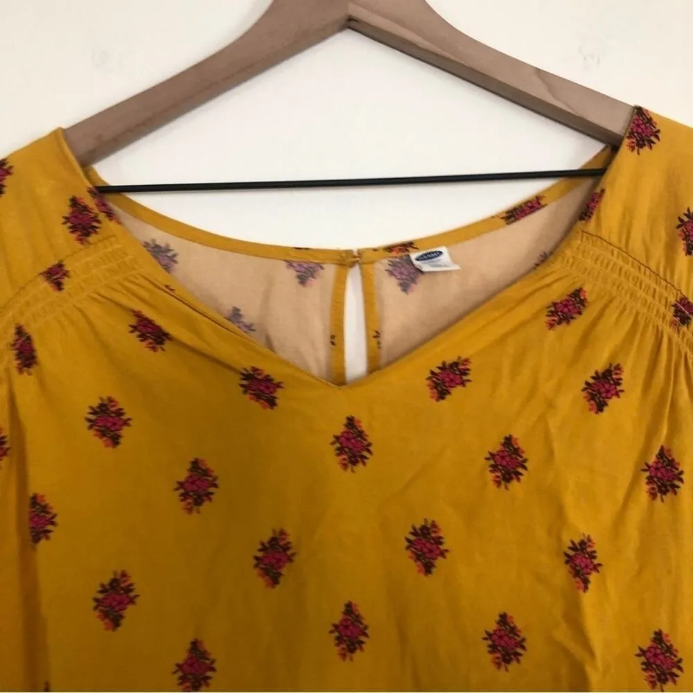 Old Navy Mustard Yellow Red Floral Long Sleeve Keyhole Mini Midi Flowy Dress - Image 6