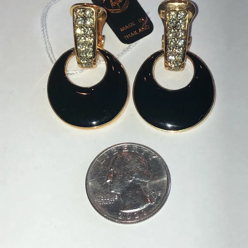 Angel Brand Elegant Vintage Black Enamel and Gold Tone Rhinestone Earrings - Image 3