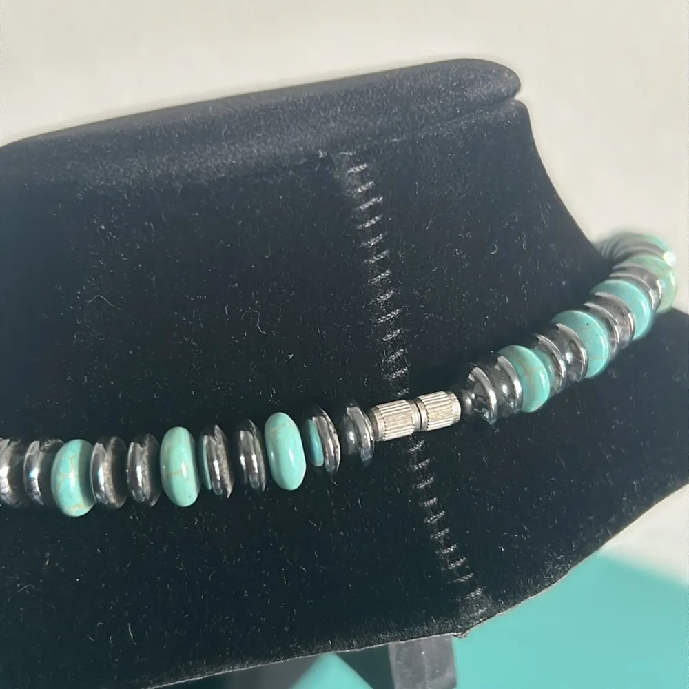 New Hand Crafted Hematite and Howlite Bead Necklace with Peace Sign Pendent Blue - Image 4