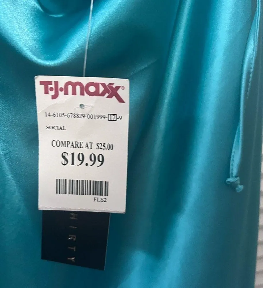 Blue shiny silky dress with a feather ruffle at the top. Size small. - Image 5