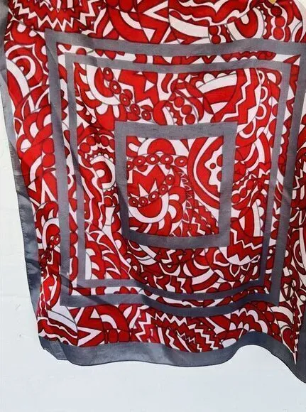 Vintage Scarf Red White Gray Pattern 21x21 In Great Condition Made In Italy - Image 1