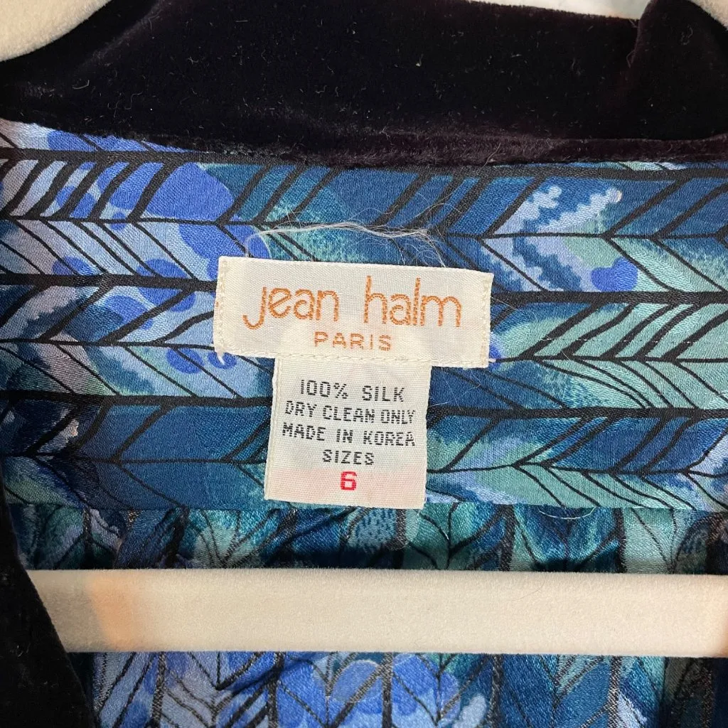VTG Jean Halm‎ Women's 6 Green and Blue 100% Silk Blouse Neck Tie Velvet Accents - Image 5