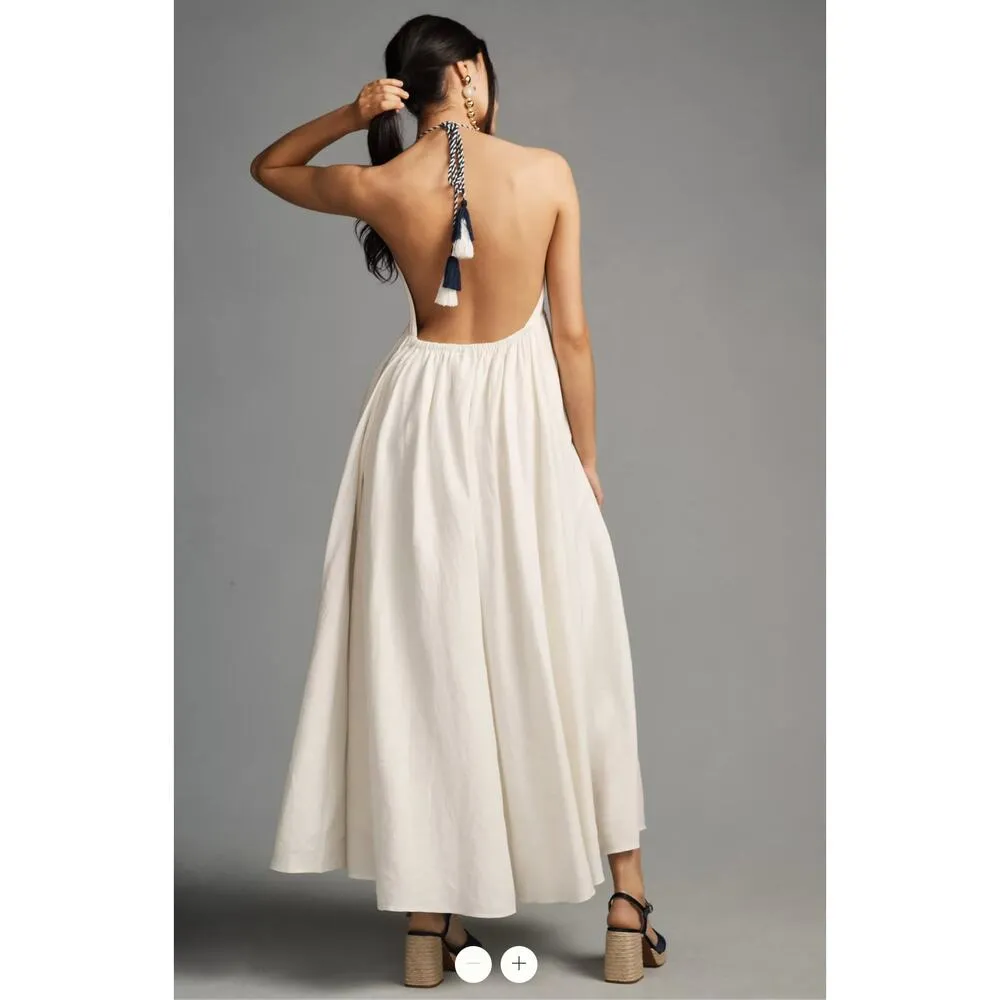 Anthropologie Farm Rio Embroidered Halter Maxi Dress Tassel Ties - Image 9