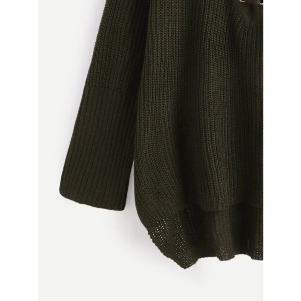 ✨HP✨Dark Green Eyelet Lace Up High Low Sweater✨ Green Size M - Image 4