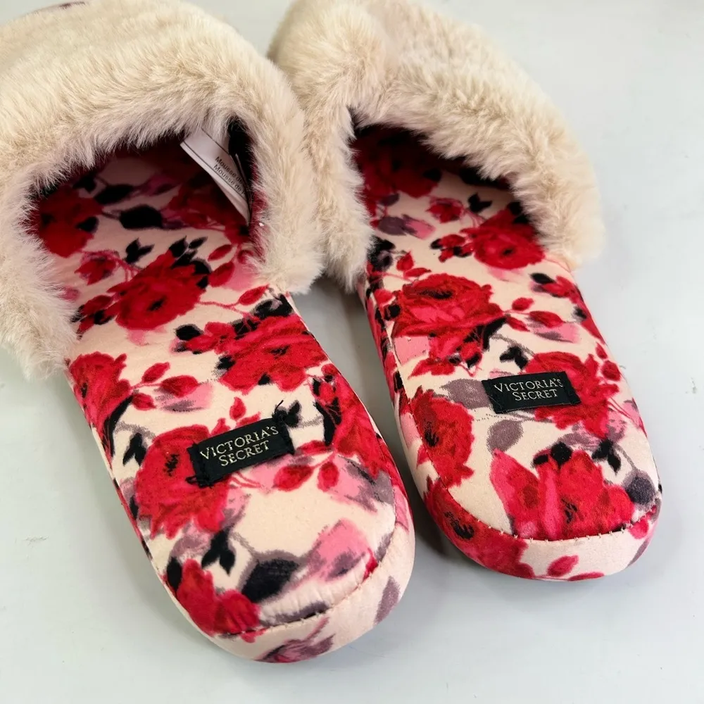 VS Victoria Secret Signature Satin Pink White Floral Beige Fur Slippers Large - Image 4