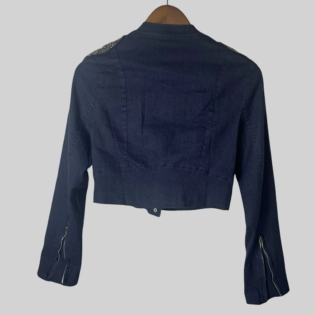 Vintage Feline Cropped Beaded Moto Jacket Navy Blue Small - Image 5