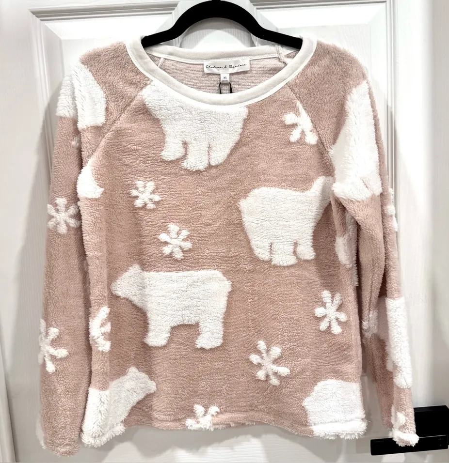 NWT Chelsea & Theodore Polar Bear Sweatshirt Pullover Pink Faux Fur Cozy Size XS - Image 1