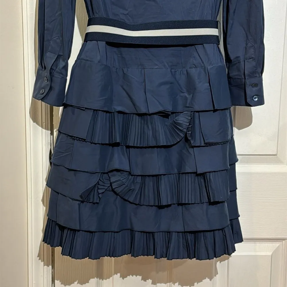 BCBGMaxazria Long Sleeve Ruffle Shirt Dress Cotton Blend Belt Navy Blue Size S - Image 5